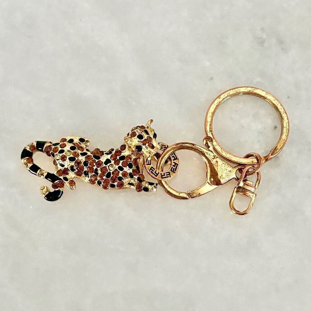 Effy Sparkly Amber Crystal Rhinestones Spotted Panther Keychain Gold-tone OS